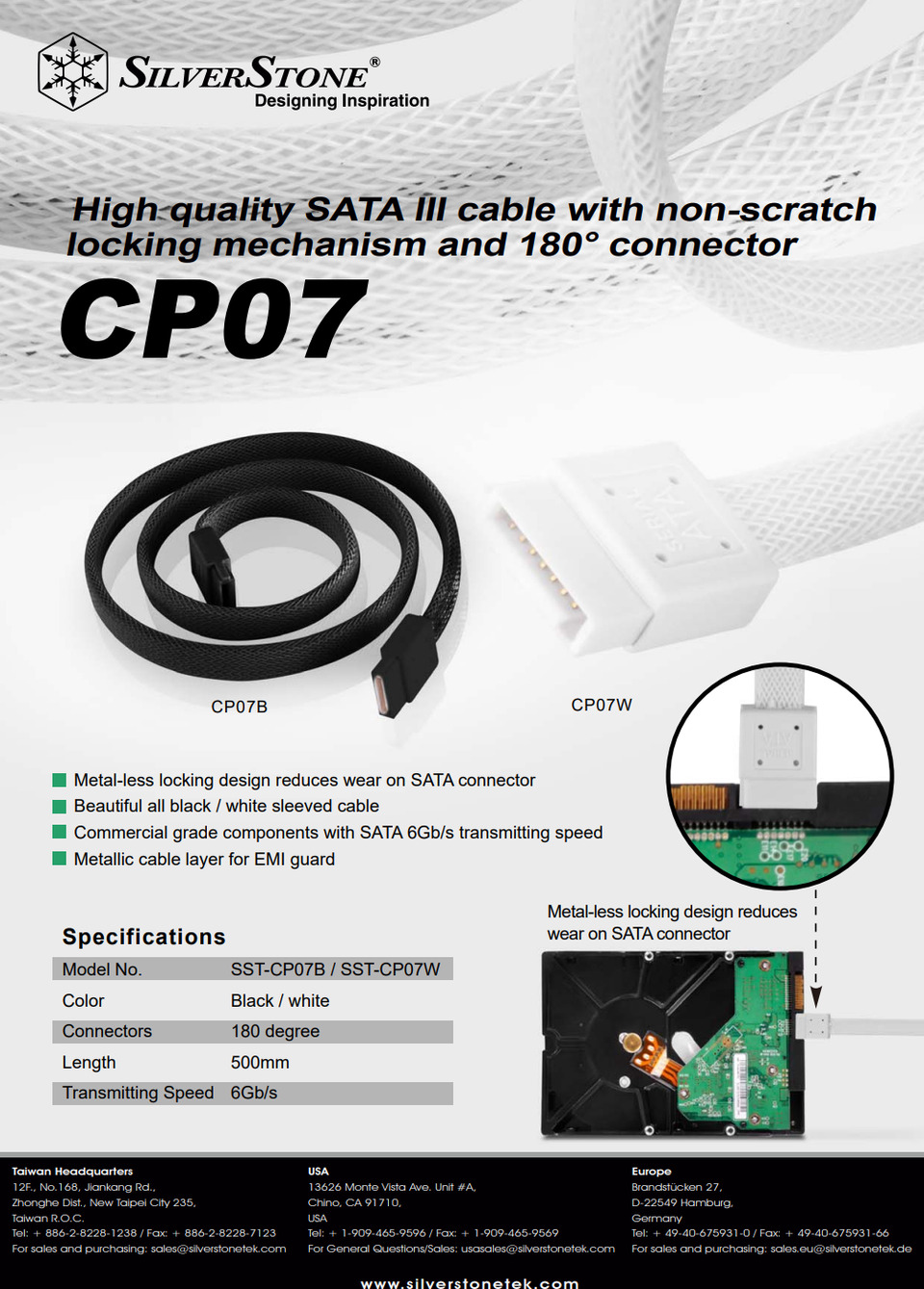 50cm silverstone cp07w 6gbs sata cable white