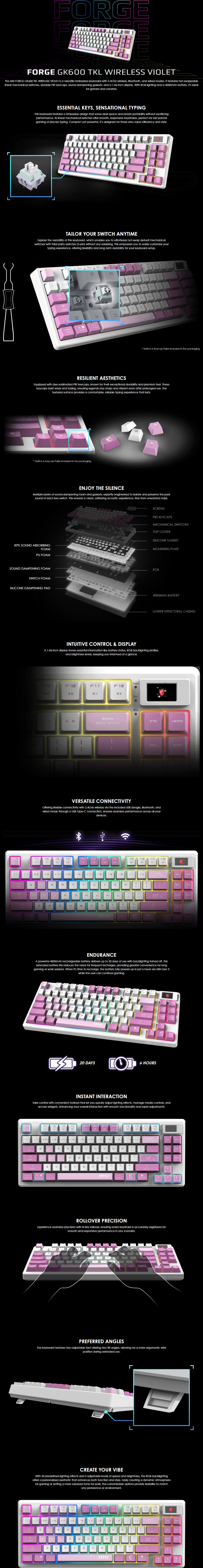 msi forge gk600 tkl wireless argb linear mechanical gaming keyboard violet