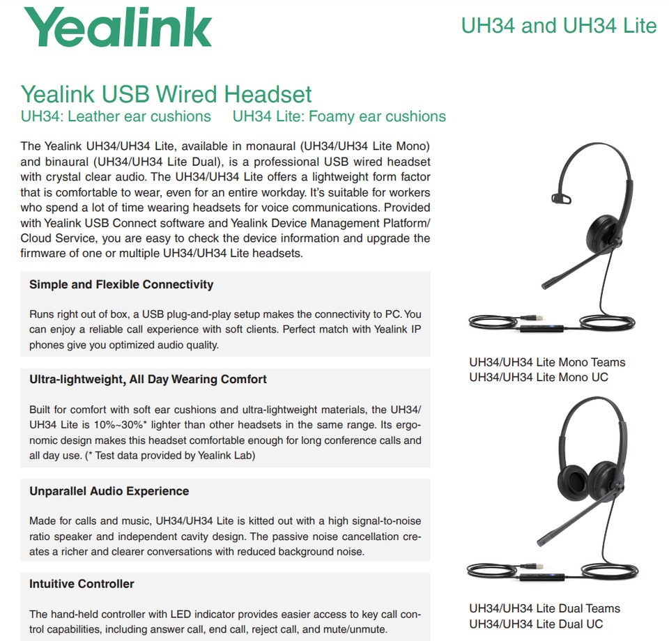 yealink uh34 lite mono uc wired usb headset