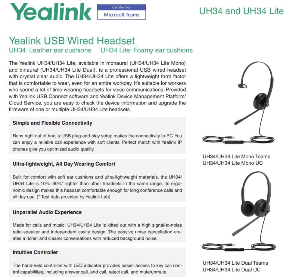 yealink uh34 lite mono teams wired usb headset for teams