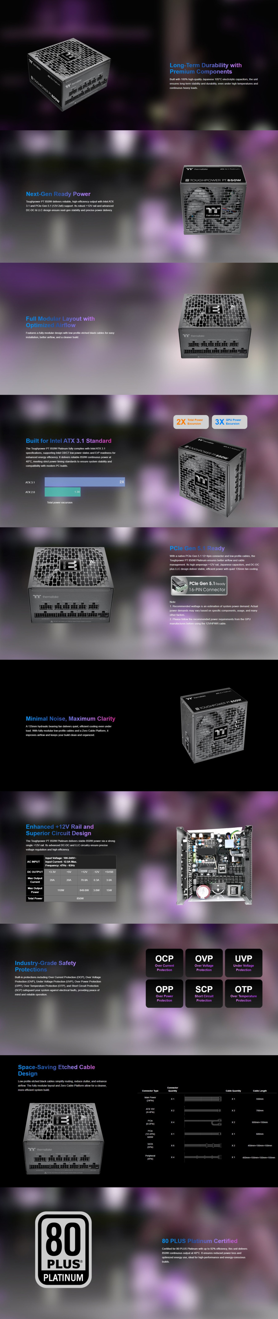 850 watt thermaltake toughpower pt 850w platinum atx 31 modular power supply black