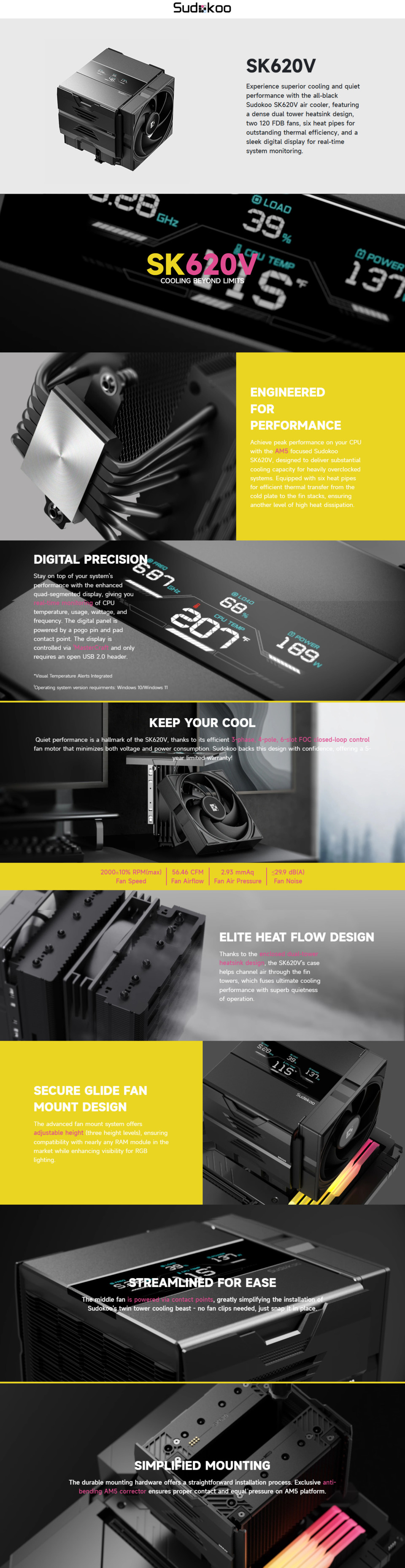 sudokoo sk620v dual-tower cpu air cooler black
