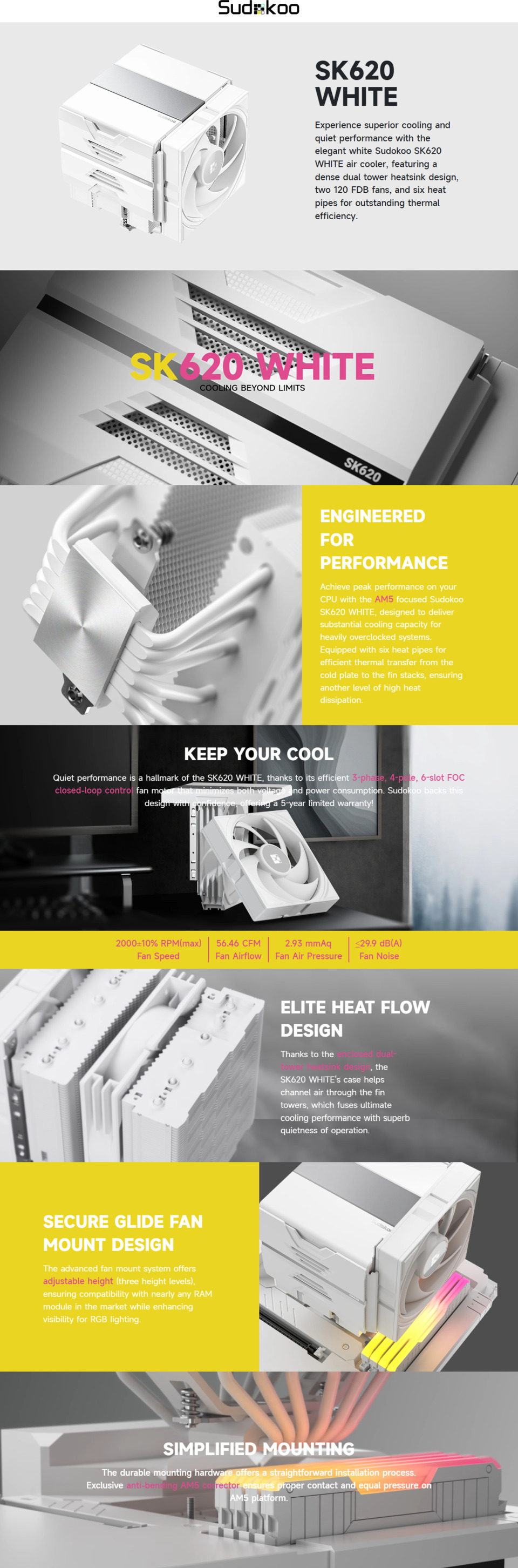 sudokoo sk620v dual-tower cpu air cooler white