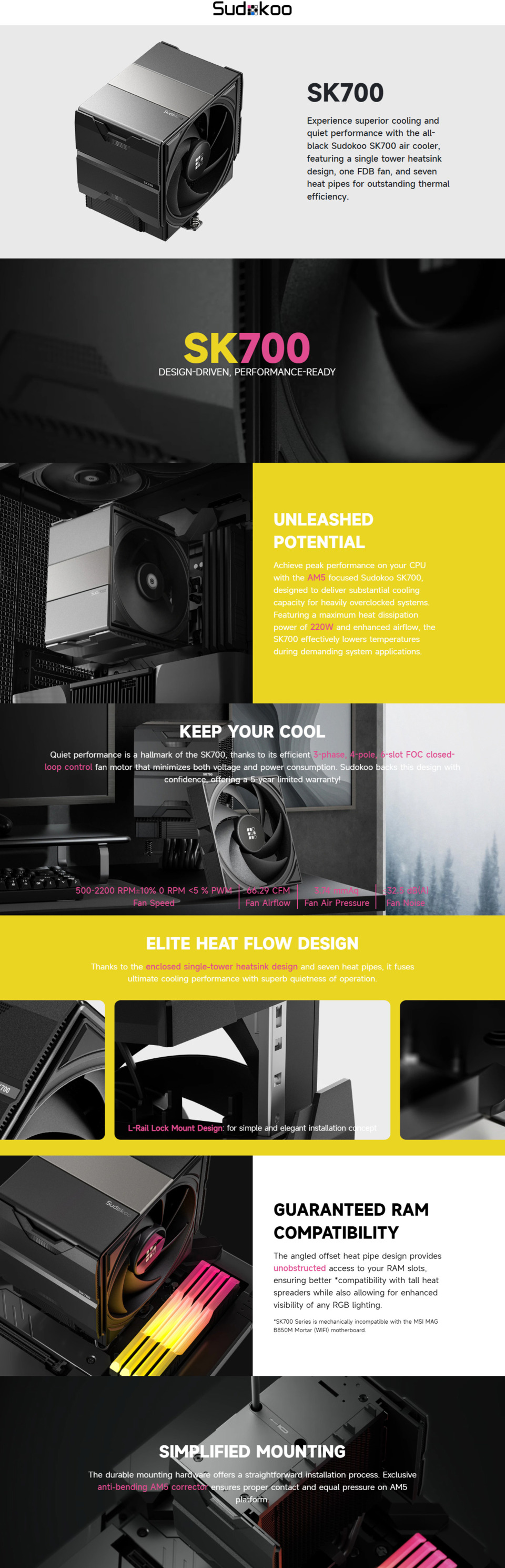 sudokoo sk700 am5 cpu air cooler black
