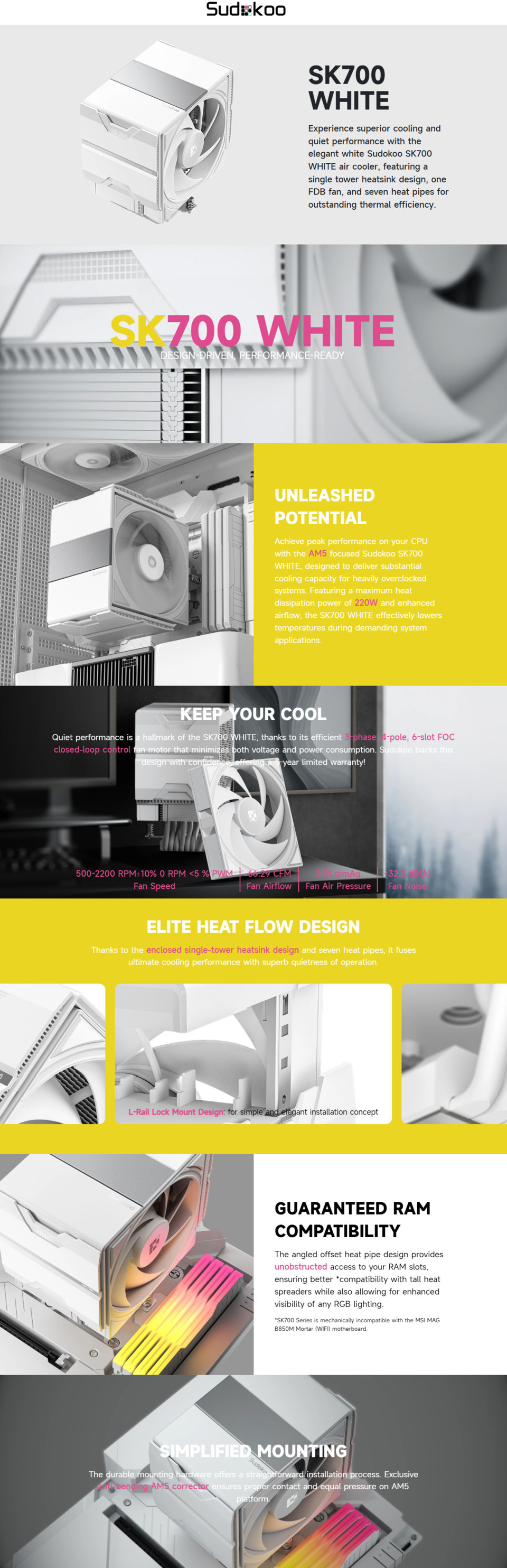 sudokoo sk700 am5 cpu air cooler white