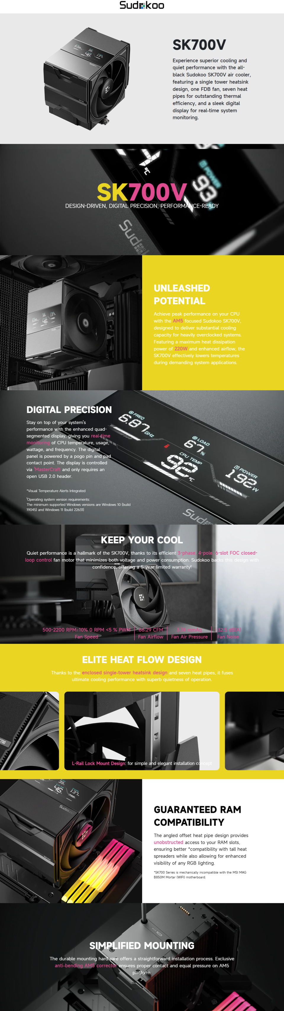 sudokoo sk700v am5 cpu air cooler black with lcd temp display