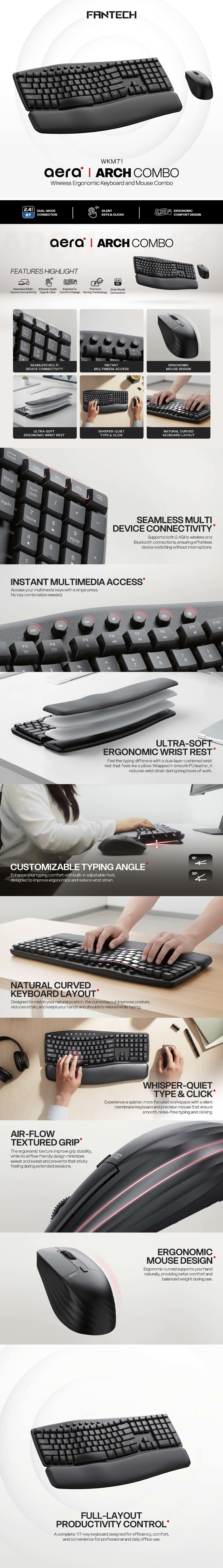 fantech aera arch wireless membrane ergonomic keyboard and mouse black