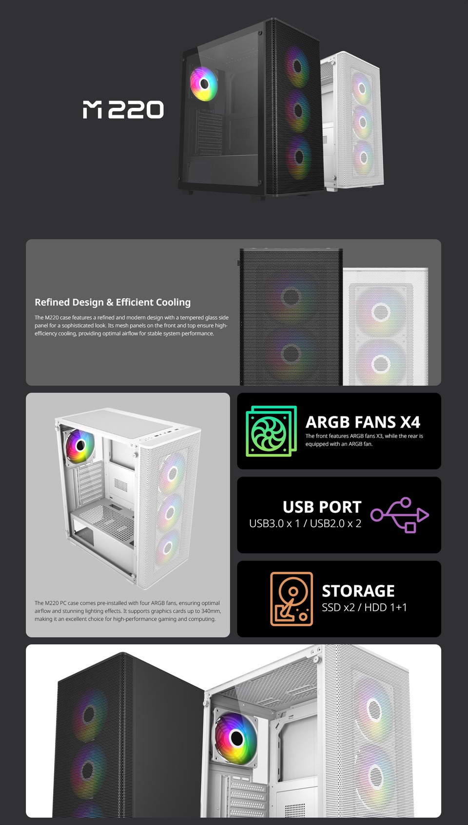 fsp m220 mid-tower atx case black