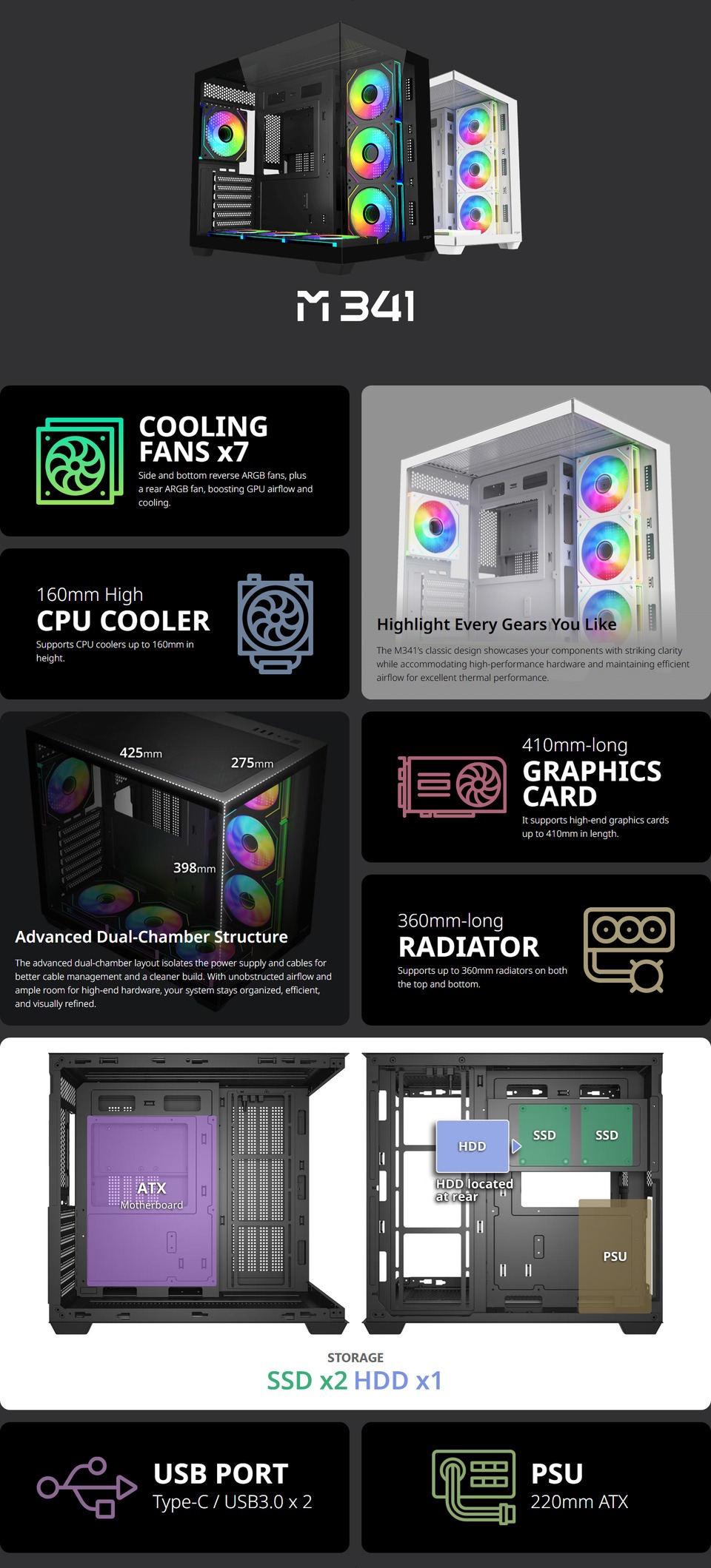 fsp m341 dual-chamber atx case black