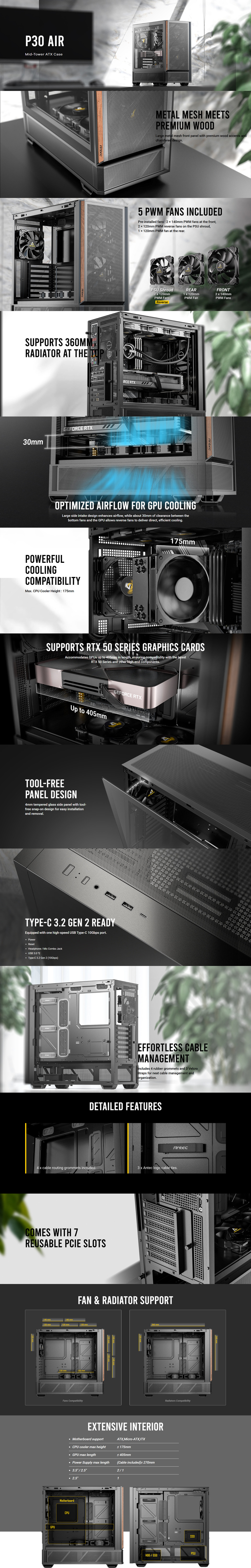 antec p30 air mid-tower atx case black with wood trim