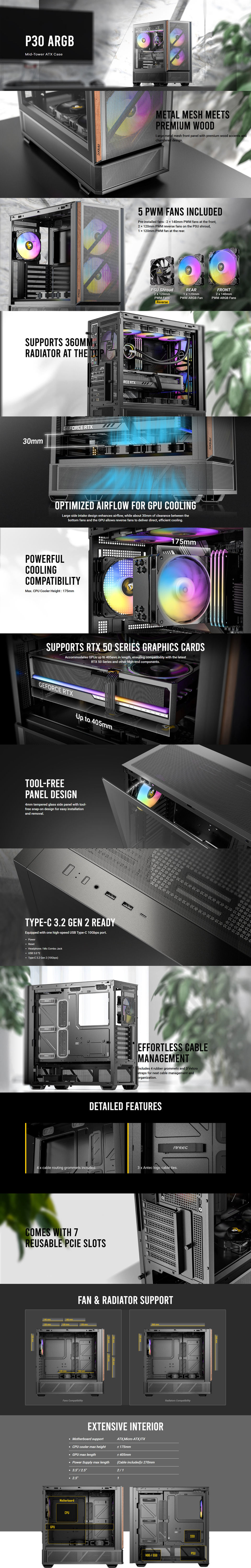 antec p30 argb mid-tower atx case black with wood trim -