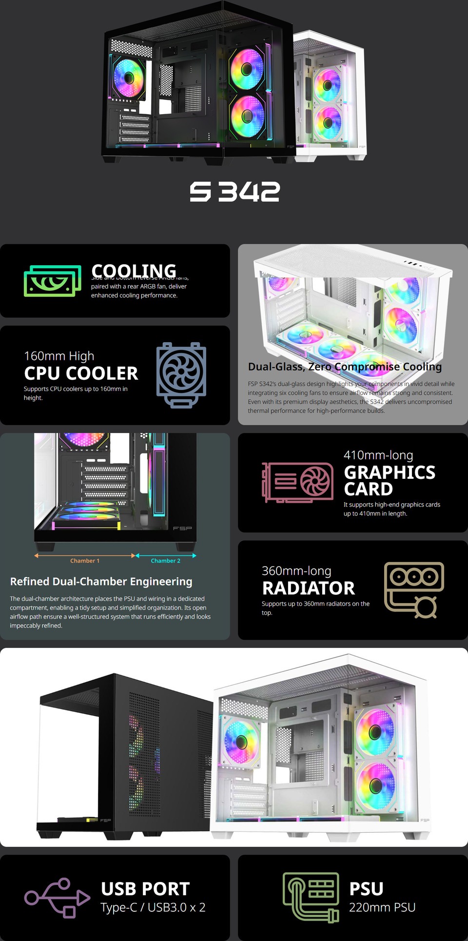 fsp s342 dual-chamber micro-atx case black