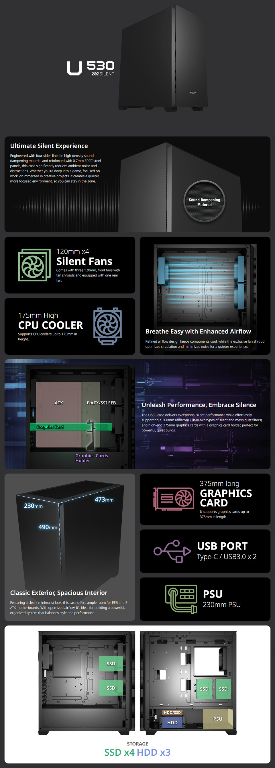 fsp u530 silent full-tower e-atx case black