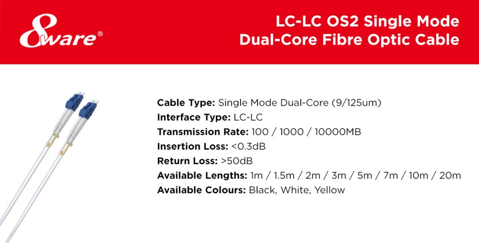 3m 8ware lc-lc duplex single mode dual-core fiber optic cable white