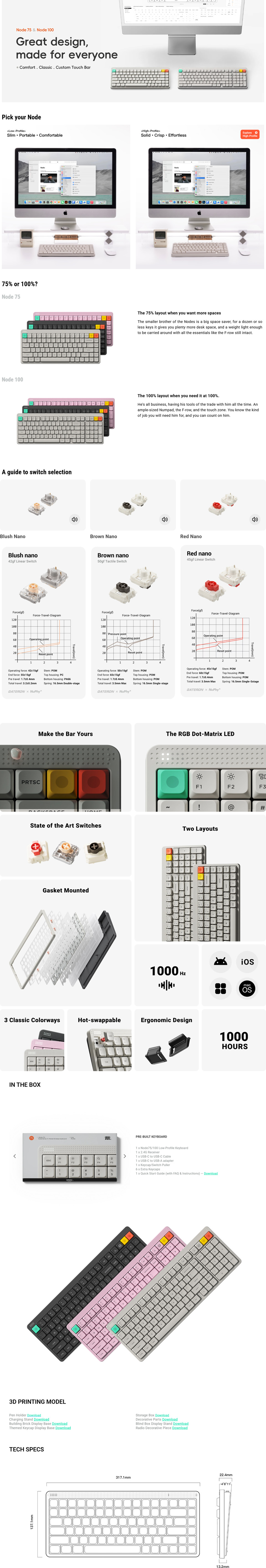 nuphy node100 low-profile rgb wireless mechanical tactile brown keyboard grey