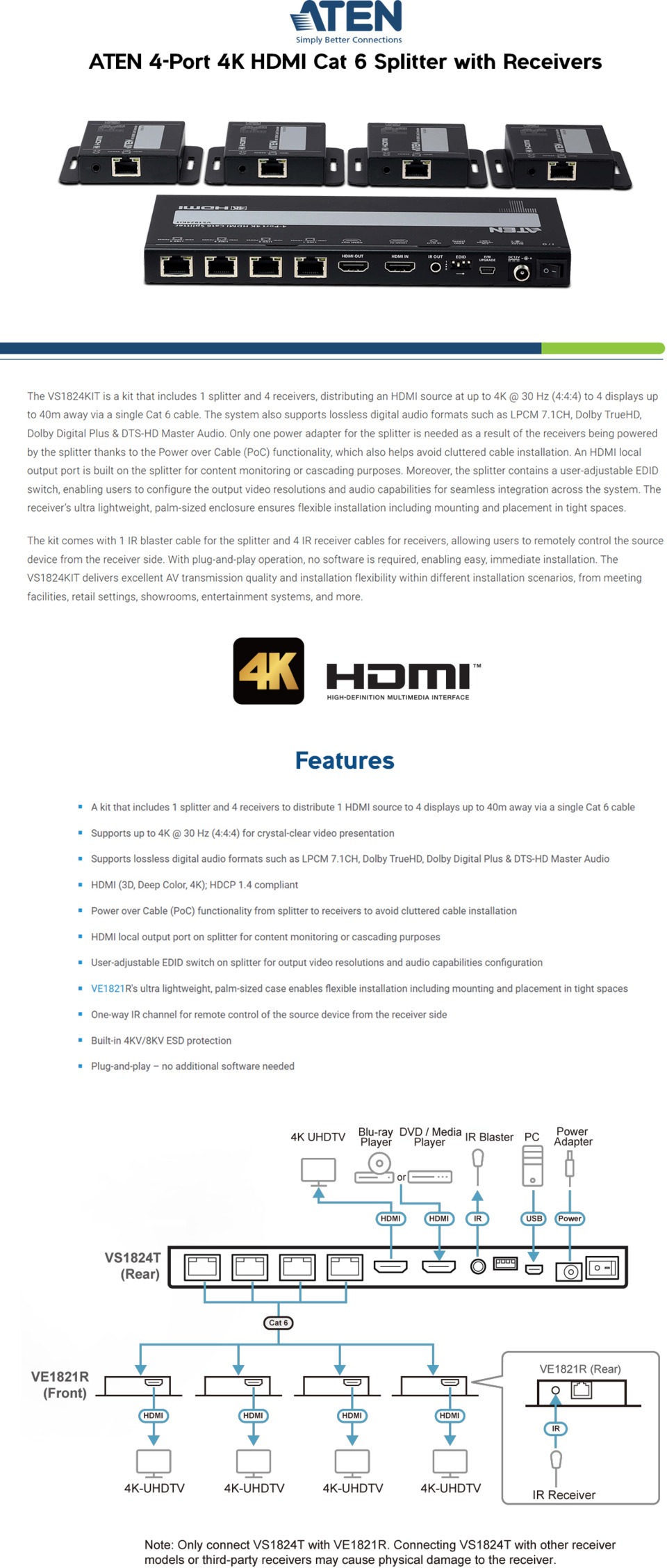 aten vs1824kit 4-port 4k hdmi cat 6 splitter with receivers