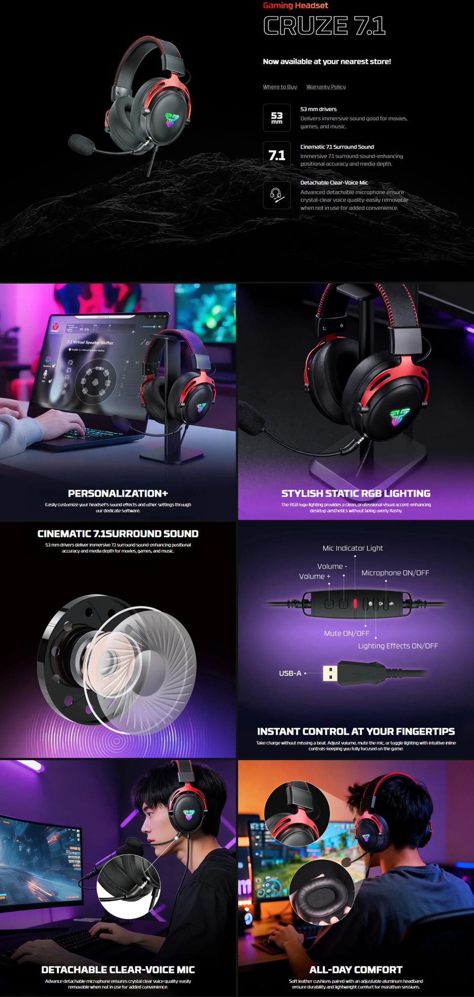 fantech cruze 71 wired gaming headset black