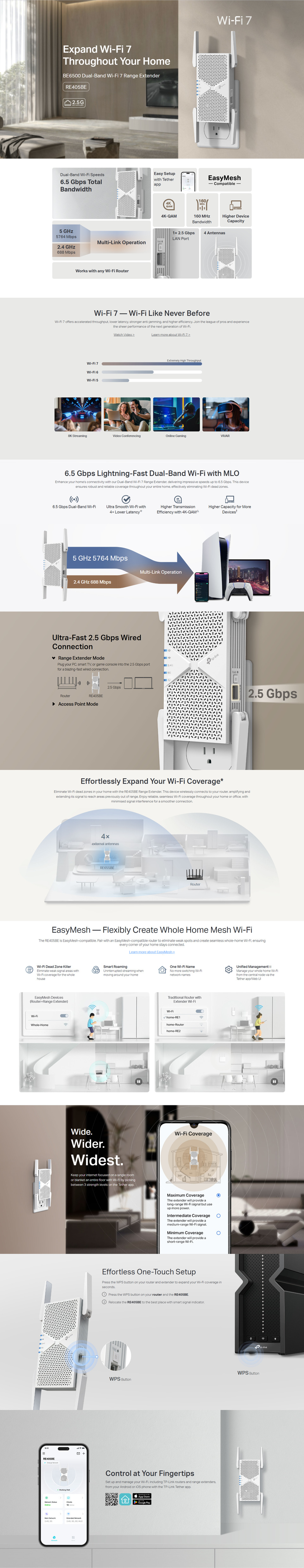 tp-link re405be be6500 dual-band wi-fi 7 range extender