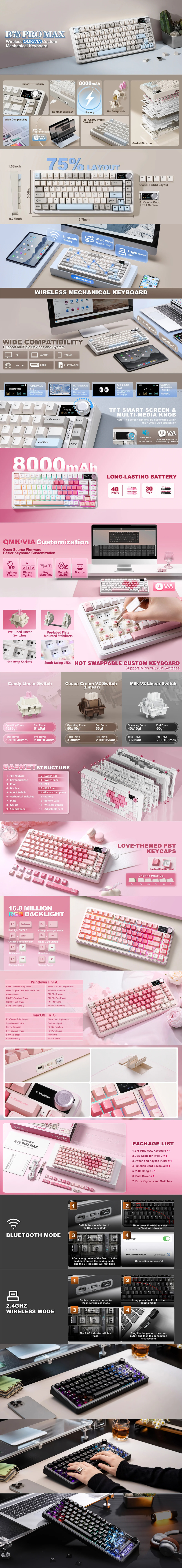 yunzii b75 pro max rgb wireless mechanical linear cocoa cream keyboard pink