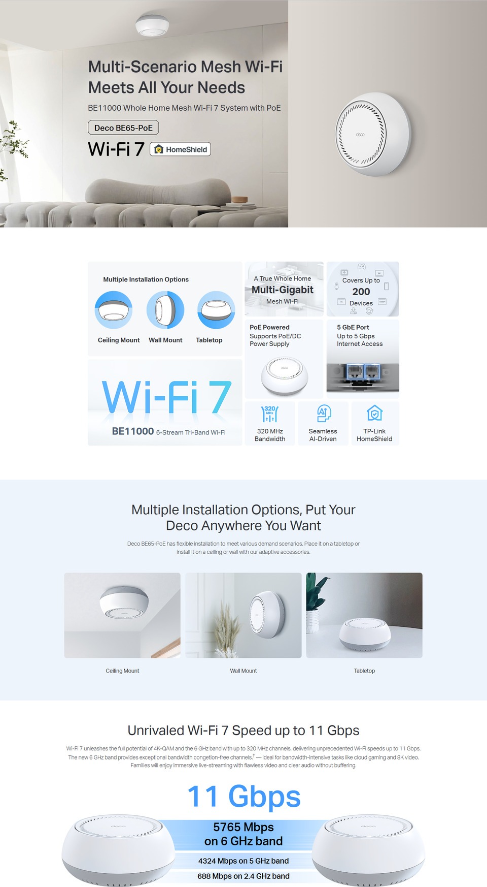tp-link deco be65-poe be11000 tri-band wi-fi 7 mesh system with poe white 3 pack