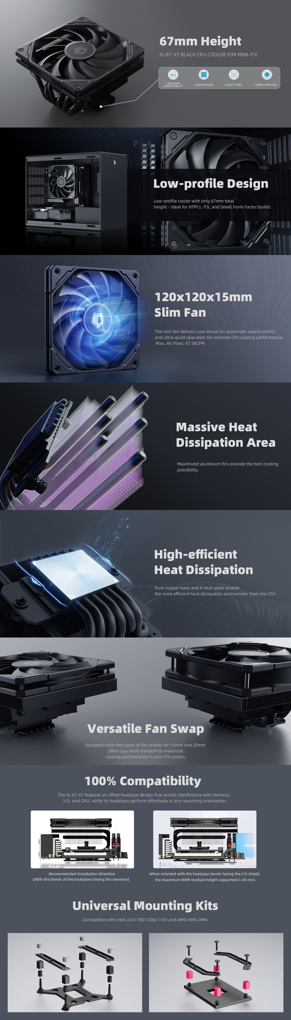 id-cooling id-is-67-xt low-profile cpu air cooler black