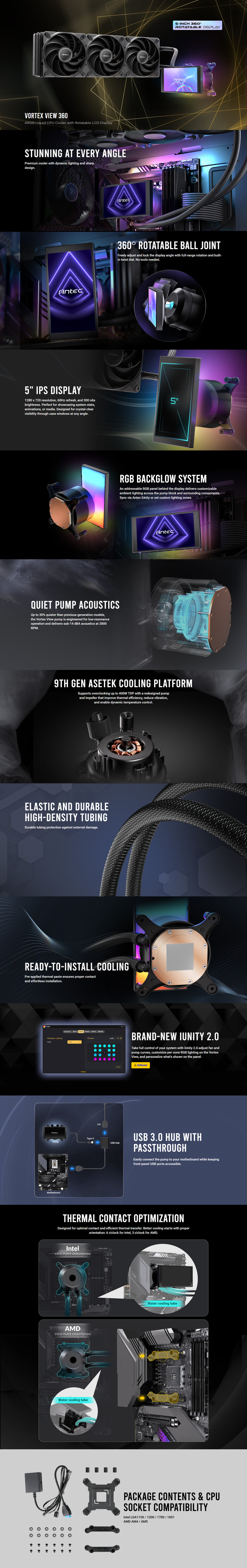 360mm antec vortex view 360 rgb cpu liquid cooler with display black