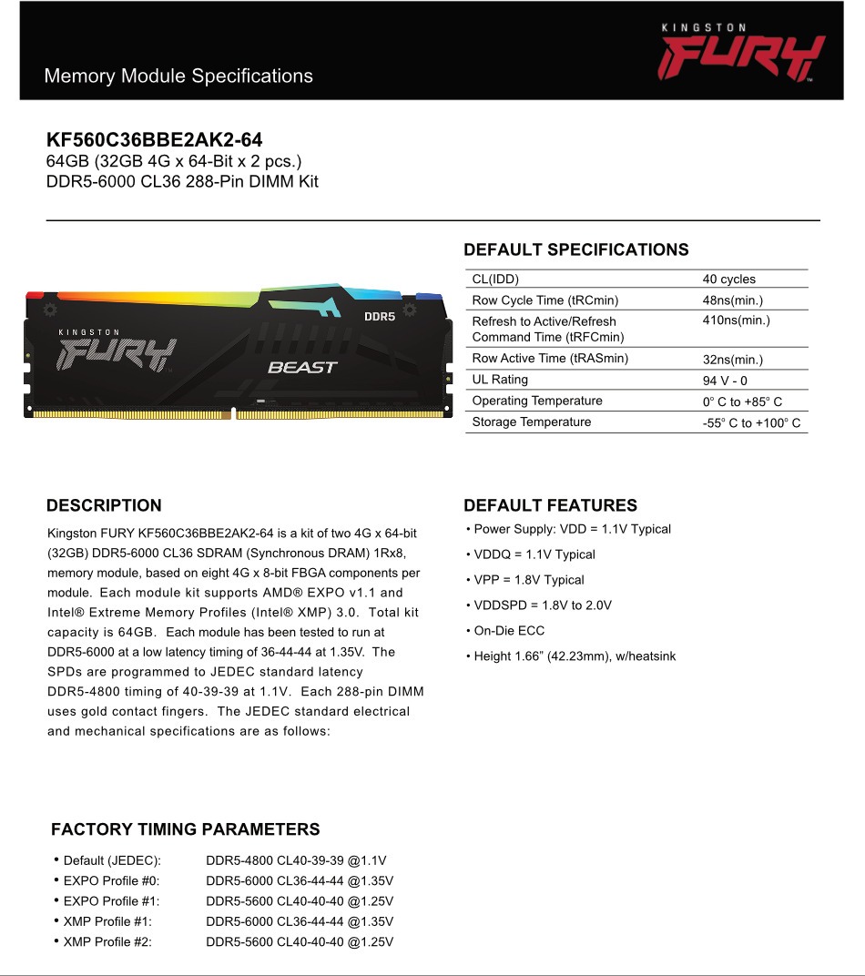 64gb 2x32gb kingston fury beast rgb ddr5 6000mts cl36 ram kit black