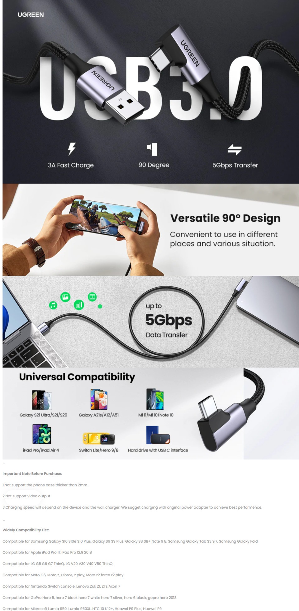 1m ugreen usb-a to usb-c 90-degree cable