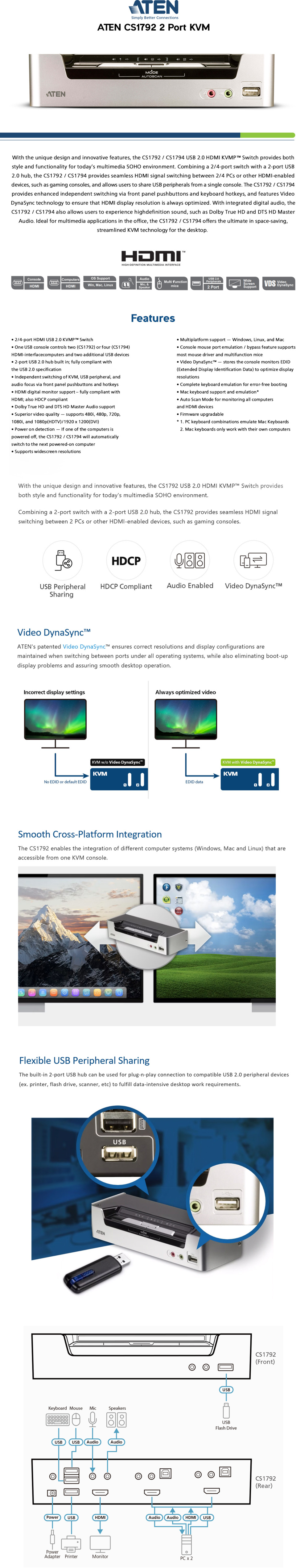 aten cs1792 2-port usb hdmiaudio kvmp switch