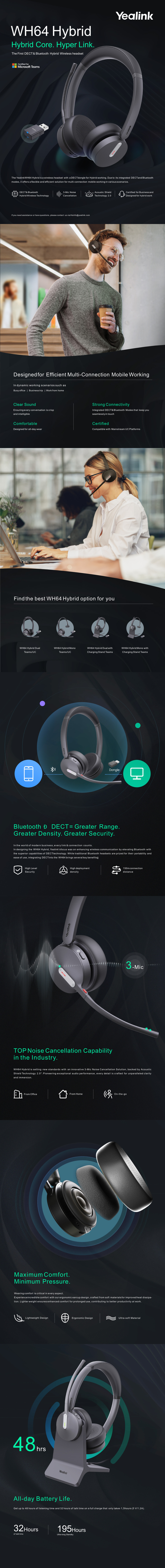 yealink wh64 hybrid dual teams wireless dect headset with base