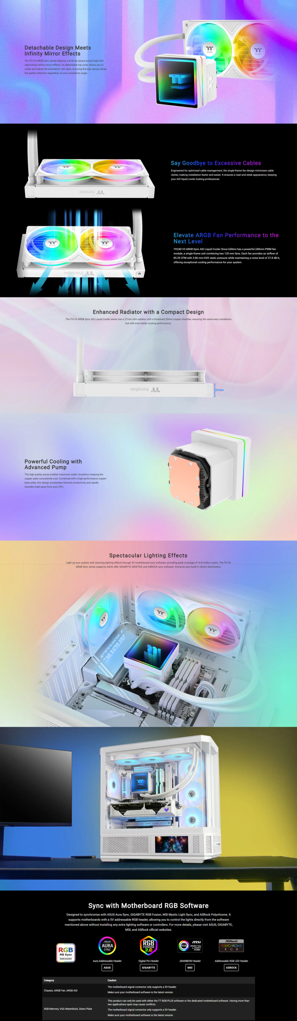240mm thermaltake th240 v3 argb sync cpu liquid cooler snow