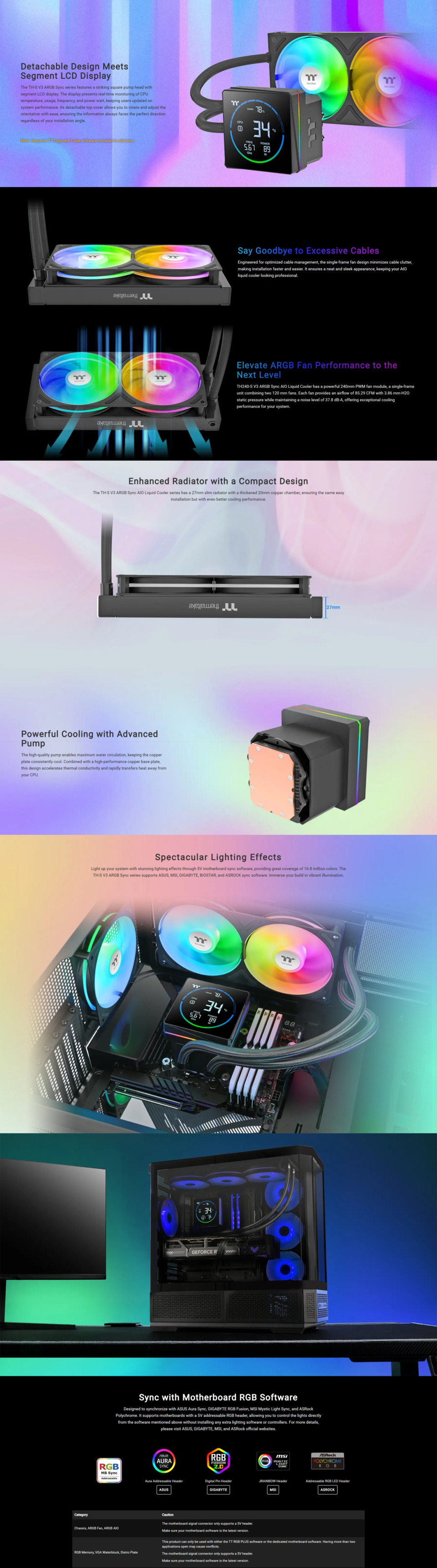 240mm thermaltake th240-s v3 argb sync cpu liquid cooler with temp display black