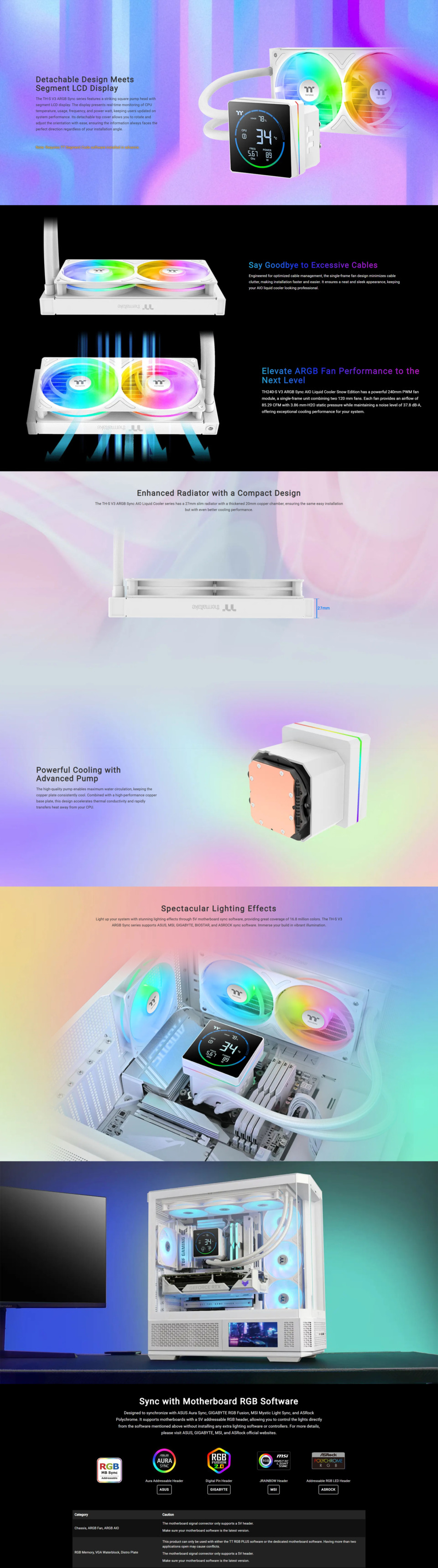 240mm thermaltake th240-s v3 argb sync cpu liquid cooler with temp display snow