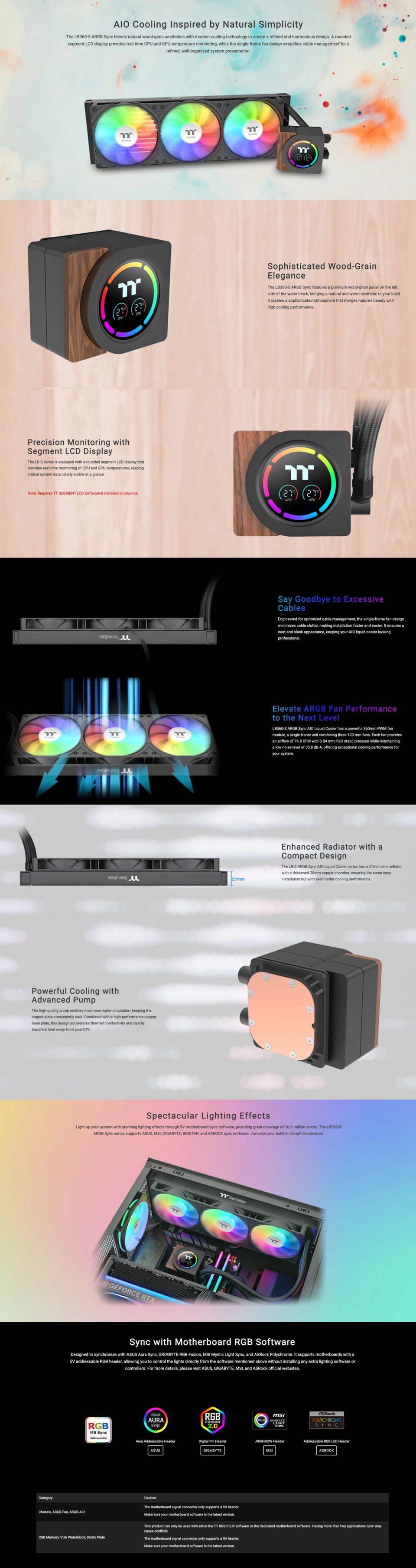 360mm thermaltake lb360-s argb sync cpu liquid cooler with wood black
