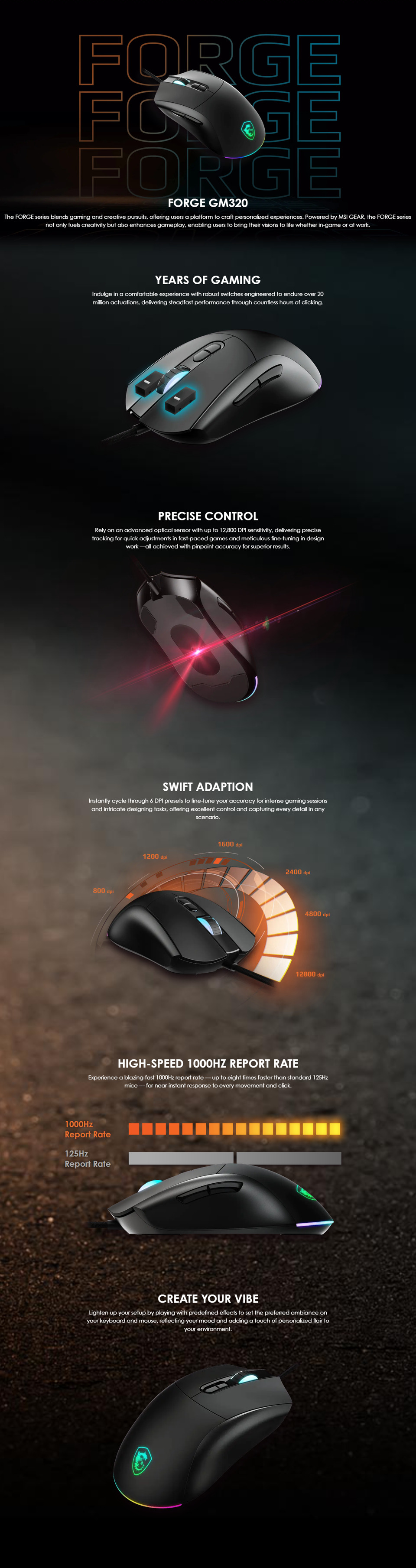 msi forge gm320 rgb wired gaming mouse black