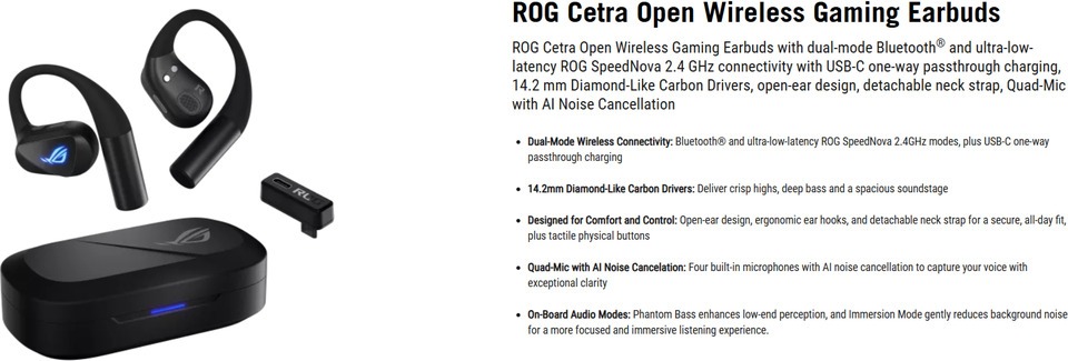 asus rog cetra open wireless gaming earbuds