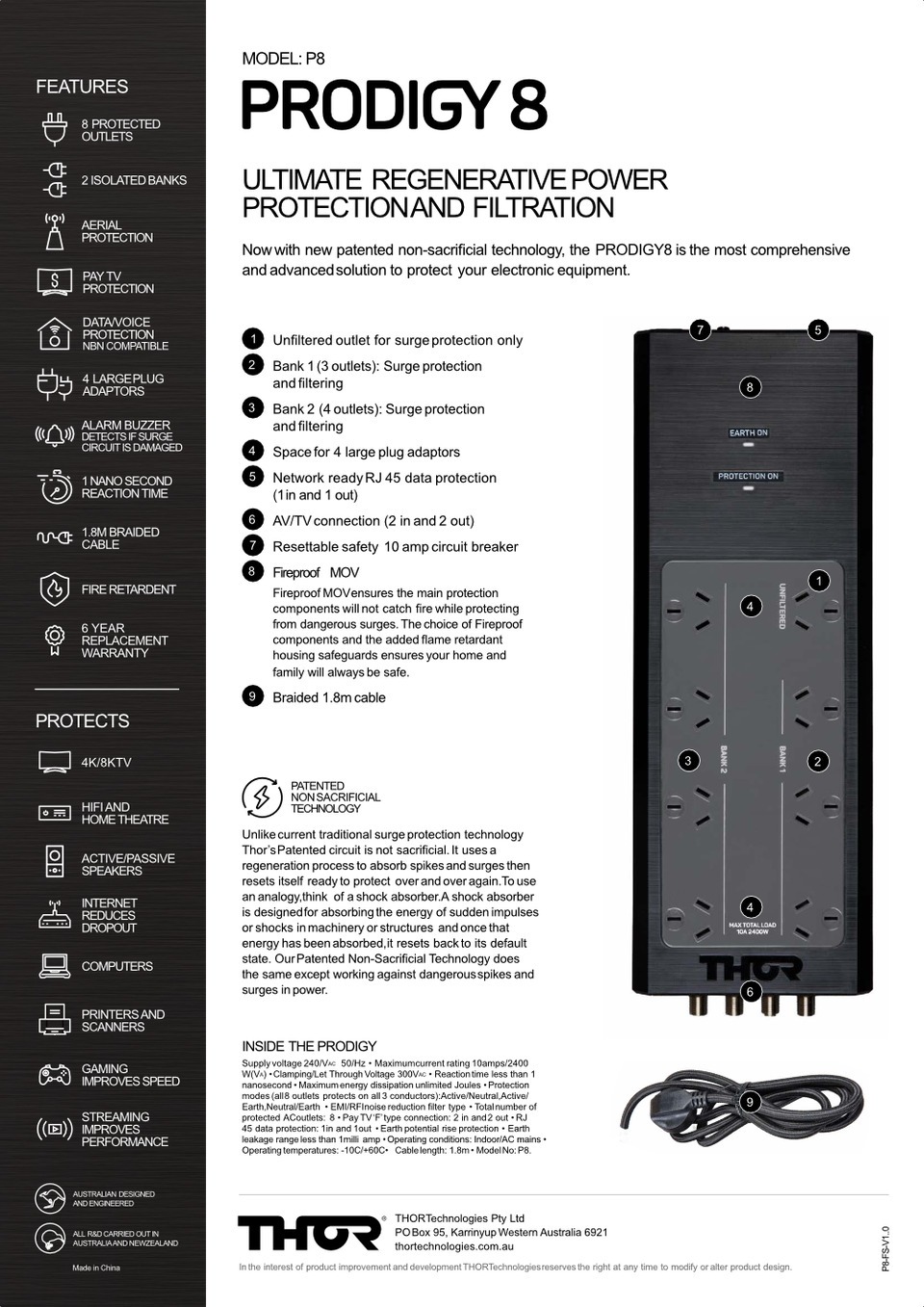 8 port thor p8 prodigy regenerative surge protector with elite filtration