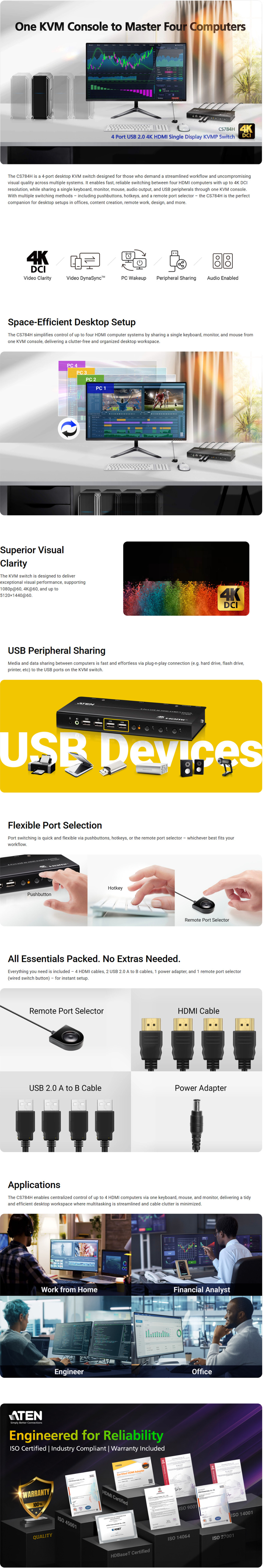 4 port aten cs784h usb 4k hdmi kvmp switch