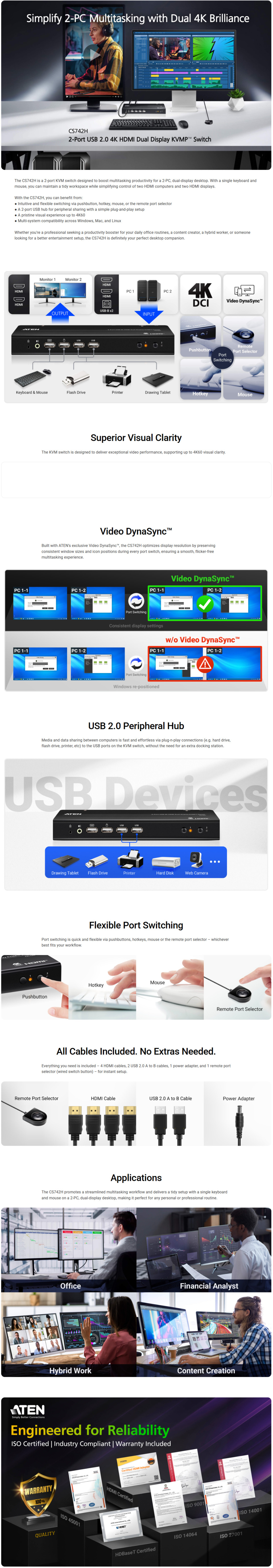 2 port aten cs742h usb 4k hdmi dual-display kvmp switch