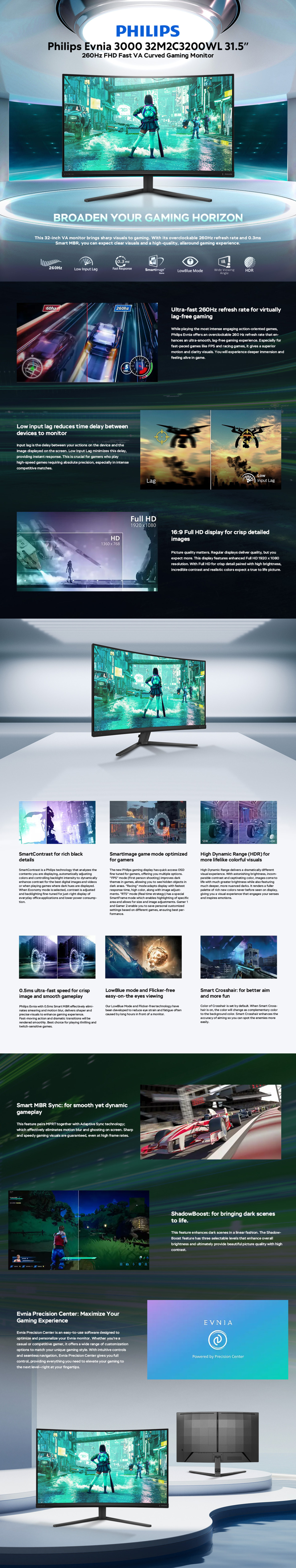 315 philips evnia 3000 32m2c3200wl fhd 260hz va curved gaming monitor black