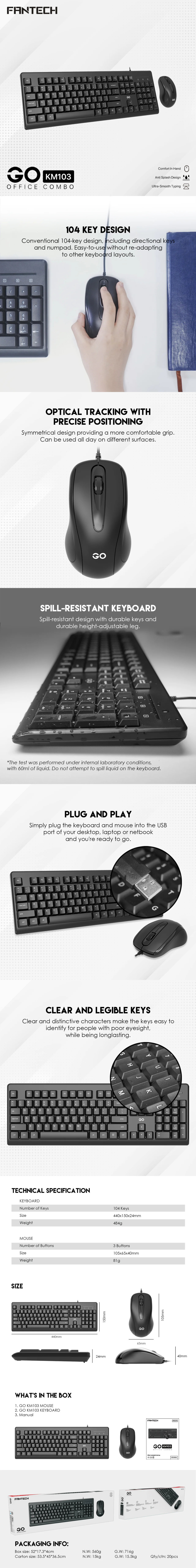 fantech go km101 wired membrane office keyboard with mouse black