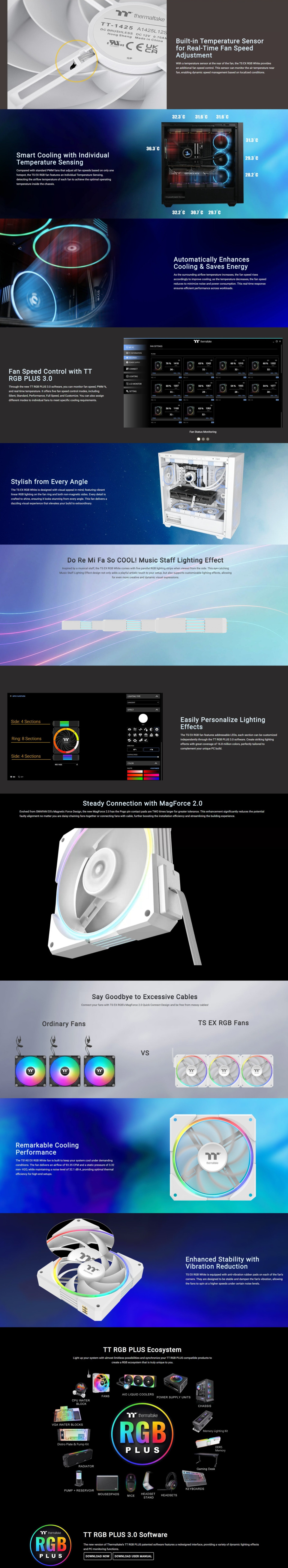 3x140mm thermaltake ts140 ex rgb magnetic case fan 3 pack white