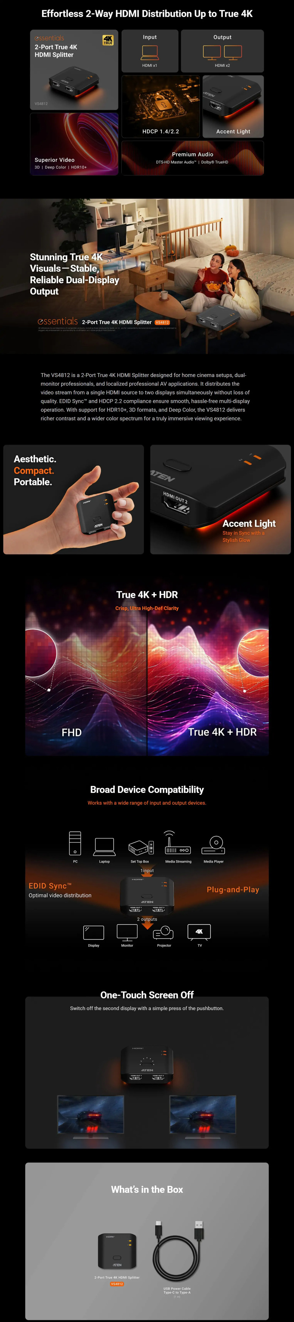 2 port aten vs4812 4k hdmi splitter