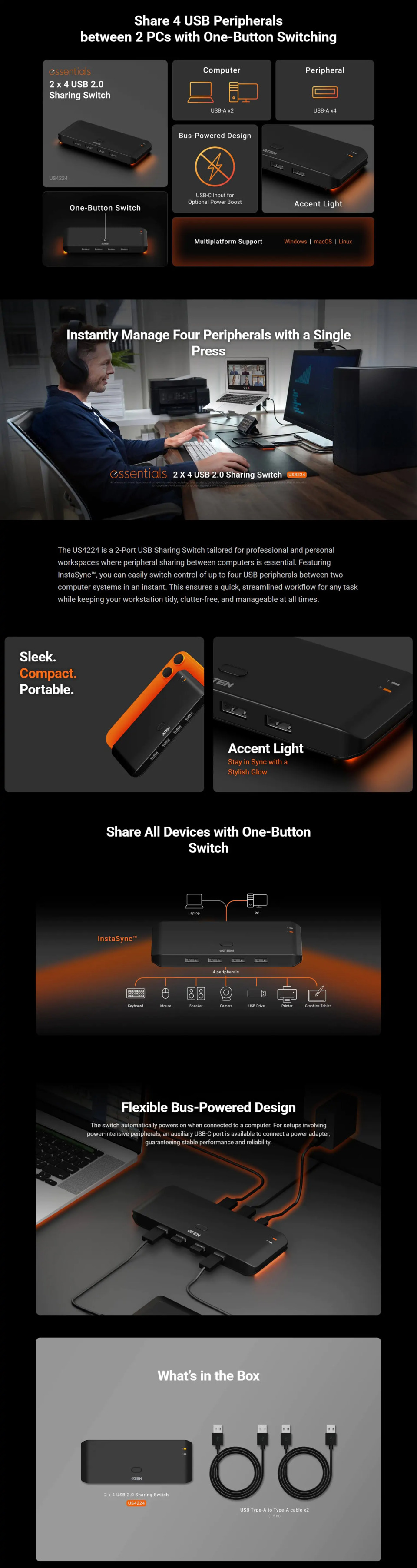 4 port aten us4224 usb 20 switch