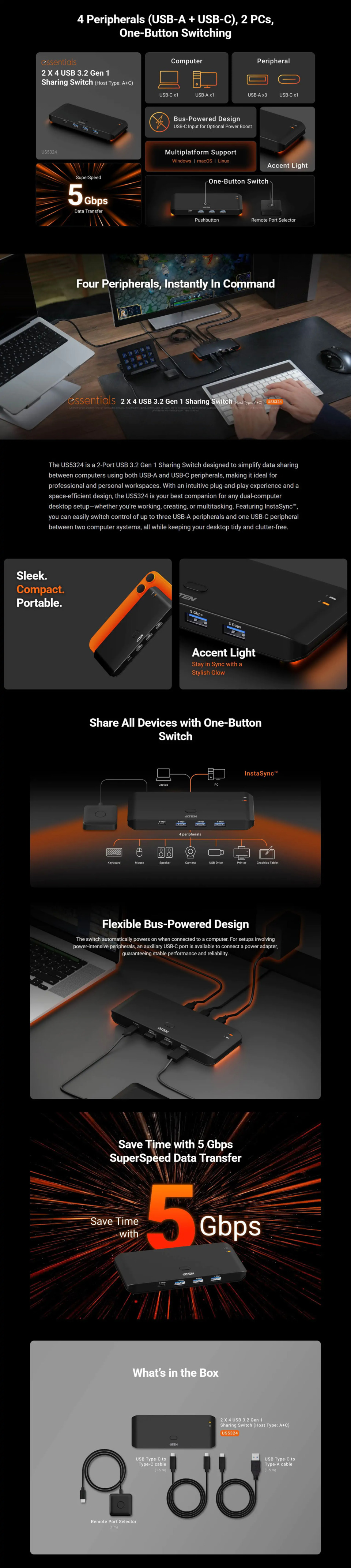 4 port aten us5324 usb 32 switch for usb-c devices