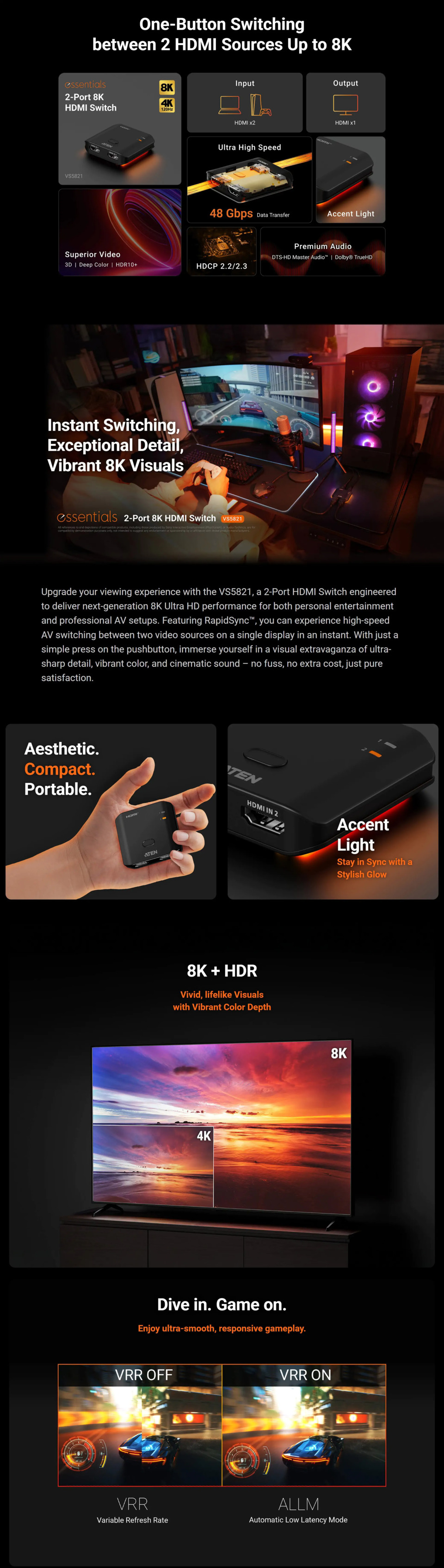 2 port aten vs5821 8k hdmi switch