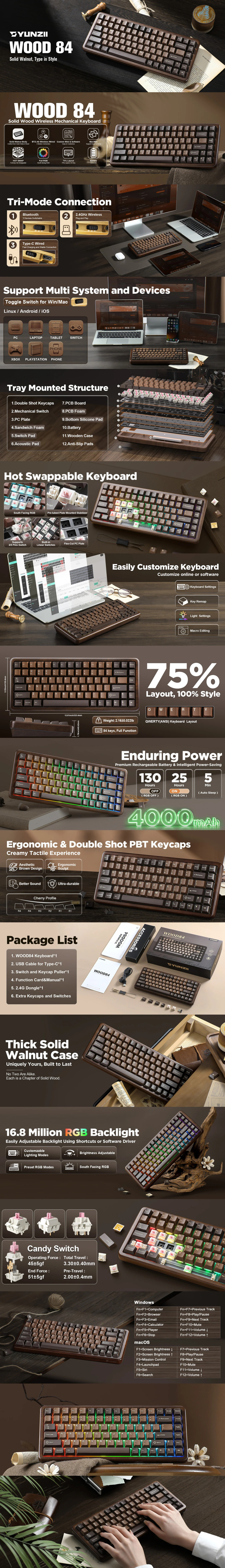 yunzii wood84 75 rgb mechanical linear gaming keyboard wood