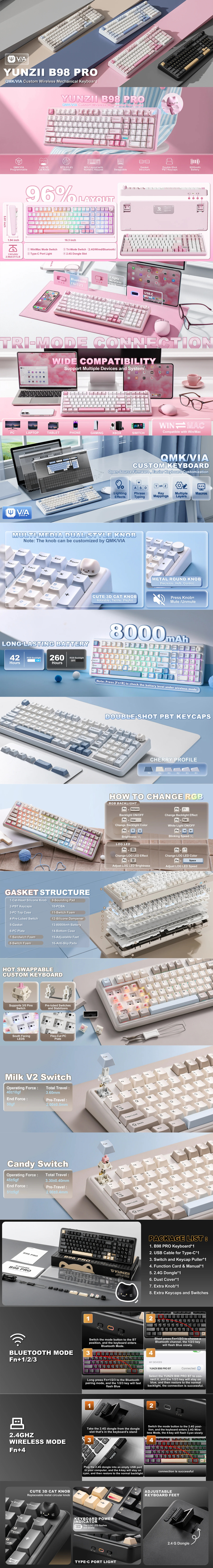 yunzii b98 pro rgb wireless mechanical linear gaming keyboard beige