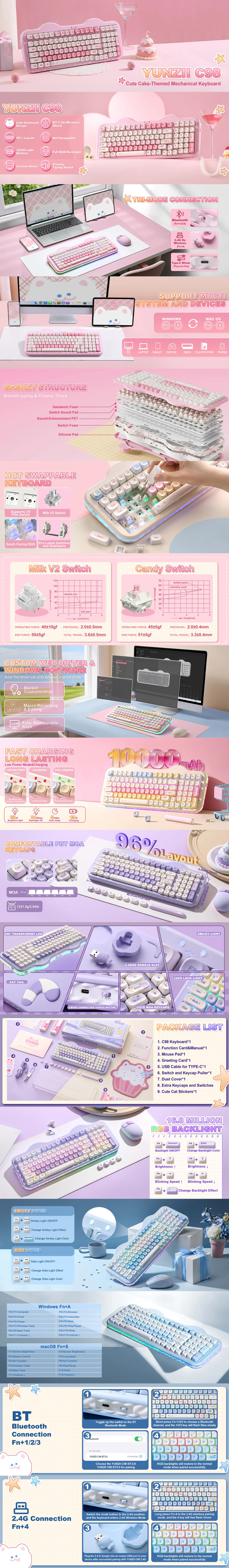 yunzii c98 cake meow rgb wireless mechanical linear gaming keyboard pink