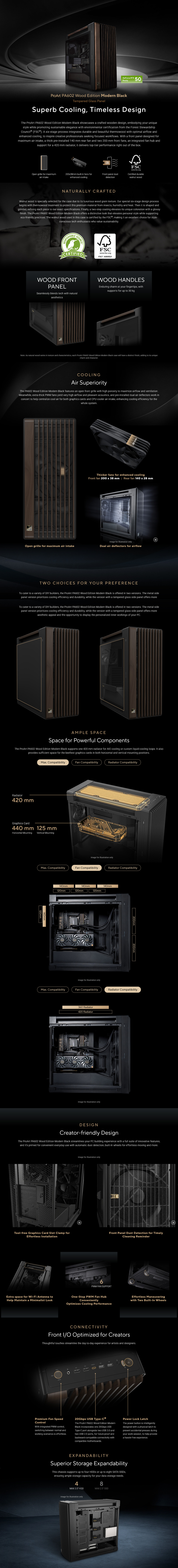 asus proart pa602 walnut wood edition tg e-atx case modern black